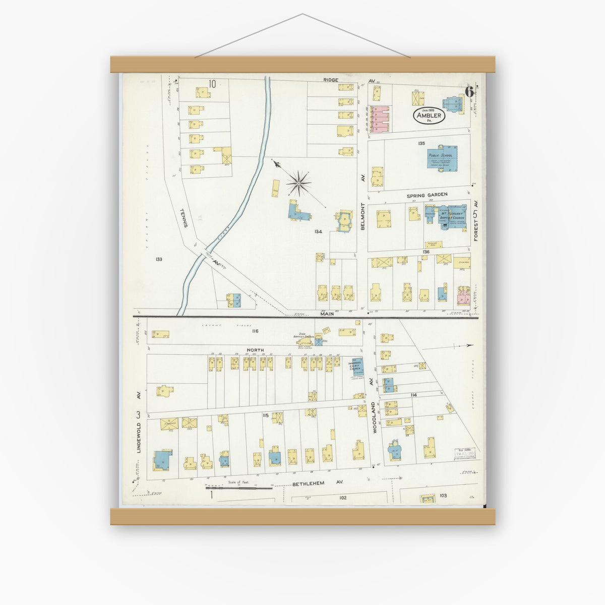 Old map wall art mockup — magnetic wood frame on white wall — Sanborn Fire Insurance Map from Ambler, Montgomery County, Pennsylvania (1909), Sheet #0006