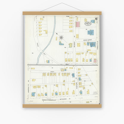 Old map wall art mockup — magnetic wood frame on white wall — Sanborn Fire Insurance Map from Ambler, Montgomery County, Pennsylvania (1909), Sheet #0006