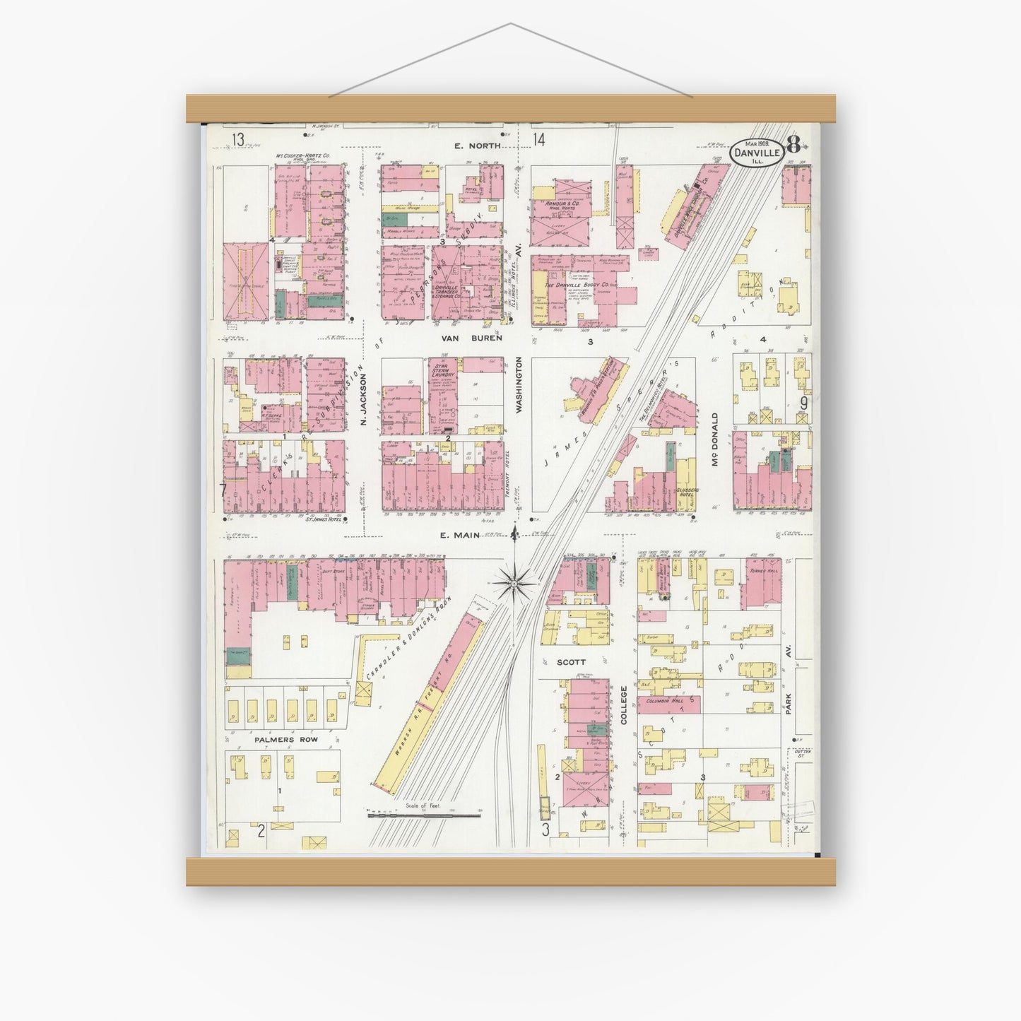 Old map wall art mockup — magnetic wood frame on white wall — Sanborn Fire Insurance Map from Danville, Vermilion County, Illinois (1909), Sheet #0008
