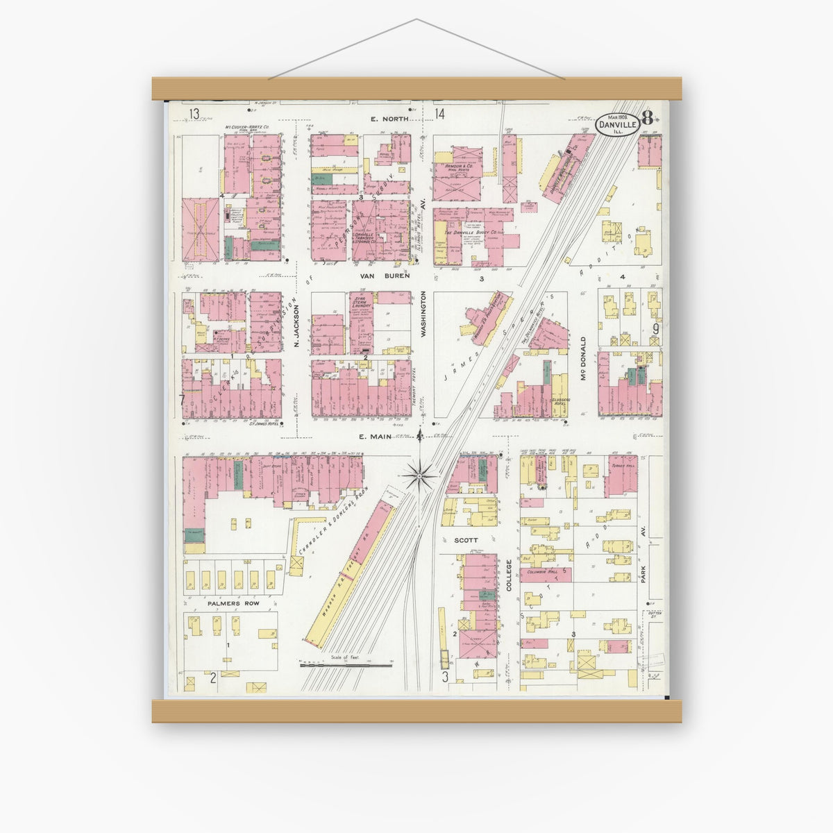 Old map wall art mockup — magnetic wood frame on white wall — Sanborn Fire Insurance Map from Danville, Vermilion County, Illinois (1909), Sheet #0008