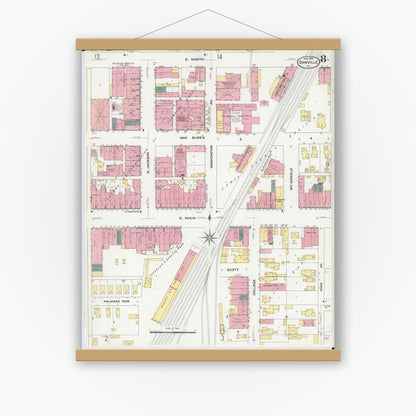 Old map wall art mockup — magnetic wood frame on white wall — Sanborn Fire Insurance Map from Danville, Vermilion County, Illinois (1909), Sheet #0008