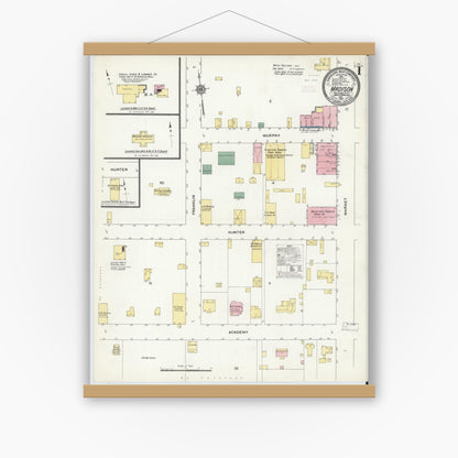 Old map wall art mockup — magnetic wood frame on white wall — Sanborn Fire Insurance Map from Madison, Rockingham County, North Carolina (1910) - Complete Map Set