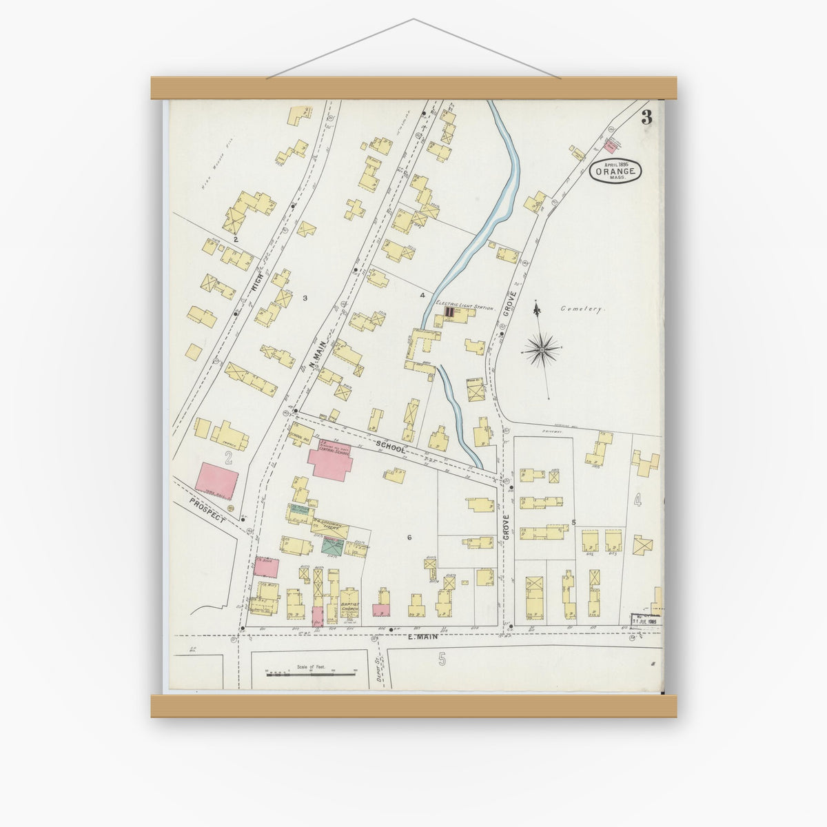 Old map wall art mockup — magnetic wood frame on white wall — Sanborn Fire Insurance Map from Orange, Franklin County, Massachusetts (1895), Sheet #0003