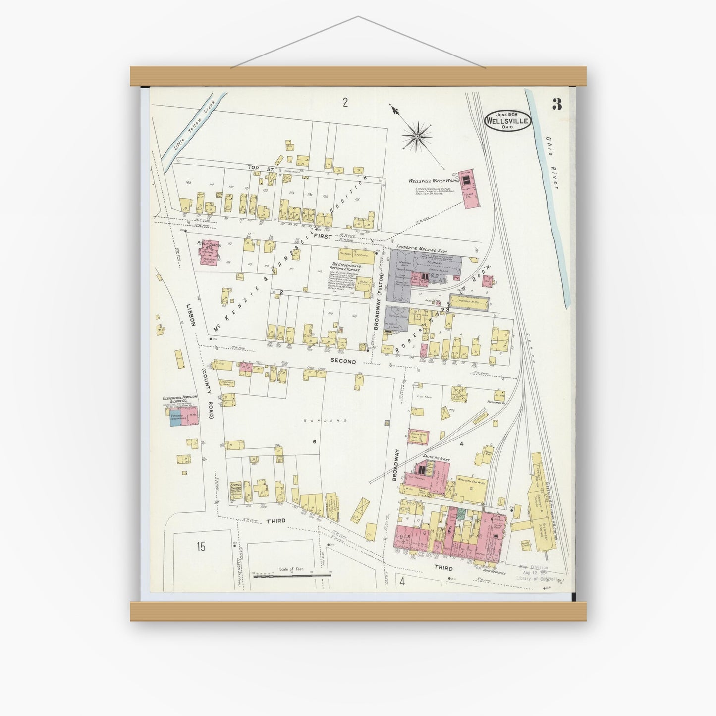 Old map wall art mockup — magnetic wood frame on white wall — Sanborn Fire Insurance Map from Wellsville, Columbiana County, Ohio (1908), Sheet #0003