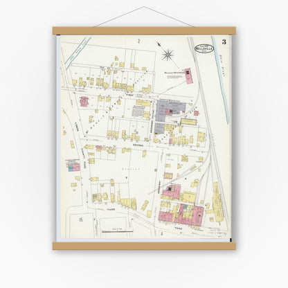 Old map wall art mockup — magnetic wood frame on white wall — Sanborn Fire Insurance Map from Wellsville, Columbiana County, Ohio (1908), Sheet #0003