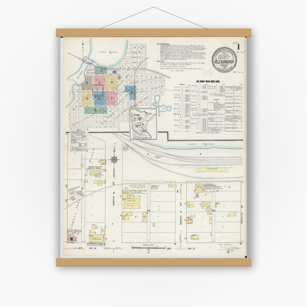 Old map wall art mockup — magnetic wood frame on white wall — Sanborn Fire Insurance Map from Alexandria, Douglas County, Minnesota (1914), Sheet #0001
