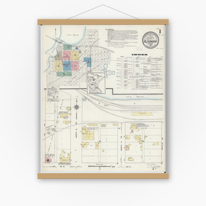 Old map wall art mockup — magnetic wood frame on white wall — Sanborn Fire Insurance Map from Alexandria, Douglas County, Minnesota (1914), Sheet #0001