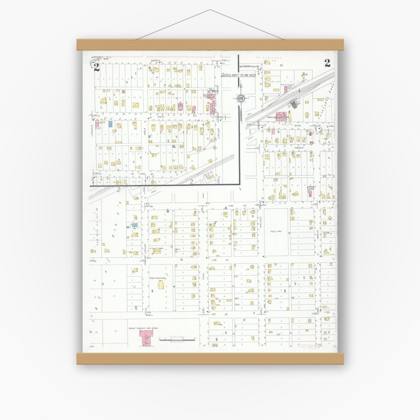 Old map wall art mockup — magnetic wood frame on white wall — Sanborn Fire Insurance Map from Wyanet, Bureau County, Illinois (1932), Sheet #0002
