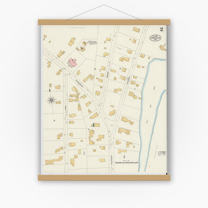 Old map wall art mockup — magnetic wood frame on white wall — Sanborn Fire Insurance Map from Spencer, Worcester County, Massachusetts (1906), Sheet #0002