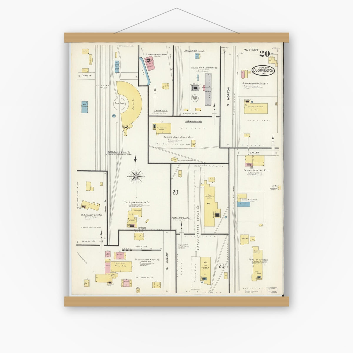 Old map wall art mockup — magnetic wood frame on white wall — Sanborn Fire Insurance Map from Bloomington, Monroe County, Indiana (1907), Sheet #0020
