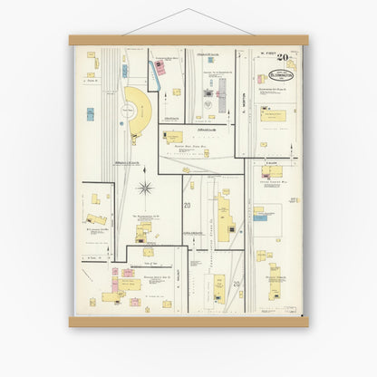 Old map wall art mockup — magnetic wood frame on white wall — Sanborn Fire Insurance Map from Bloomington, Monroe County, Indiana (1907), Sheet #0020
