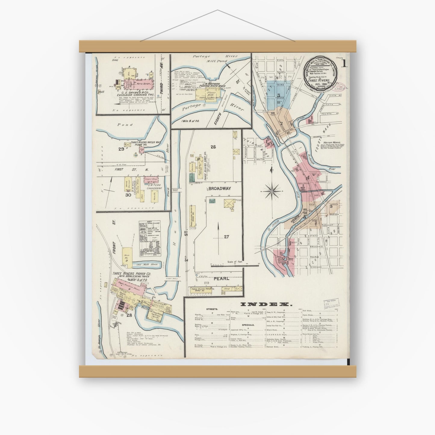 Old map wall art mockup — magnetic wood frame on white wall — Sanborn Fire Insurance Map from Three Rivers, Saint Joseph County, Michigan (1888), Sheet #0001