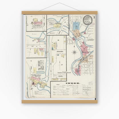 Old map wall art mockup — magnetic wood frame on white wall — Sanborn Fire Insurance Map from Three Rivers, Saint Joseph County, Michigan (1888), Sheet #0001