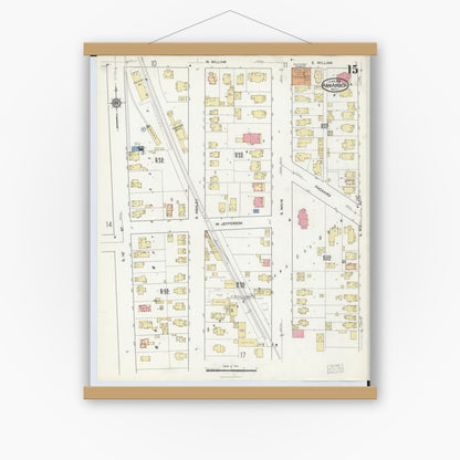 Old map wall art mockup — magnetic wood frame on white wall — Sanborn Fire Insurance Map from Ann Arbor, Washtenaw County, Michigan (1916), Sheet #0015
