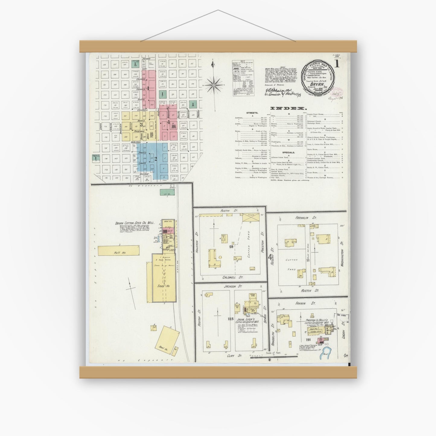 Old map wall art mockup — magnetic wood frame on white wall — Sanborn Fire Insurance Map from Bryan, Brazos County, Texas (1896), Sheet #0001
