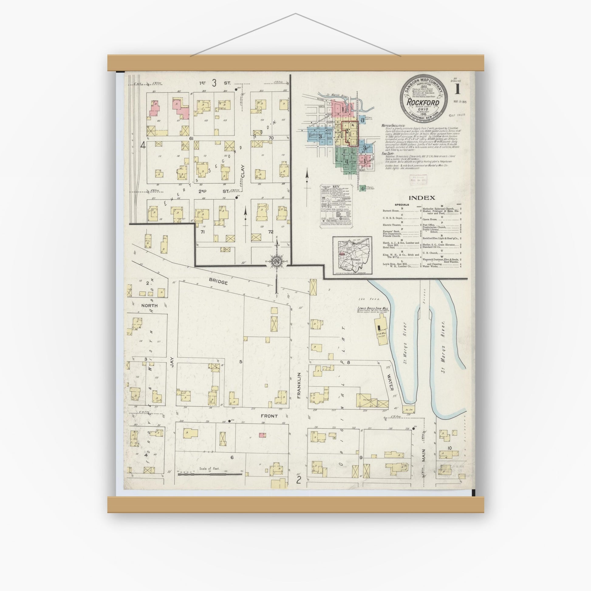 Old map wall art mockup — magnetic wood frame on white wall — Sanborn Fire Insurance Map from Rockford, Mercer County, Ohio (1915), Sheet #0001