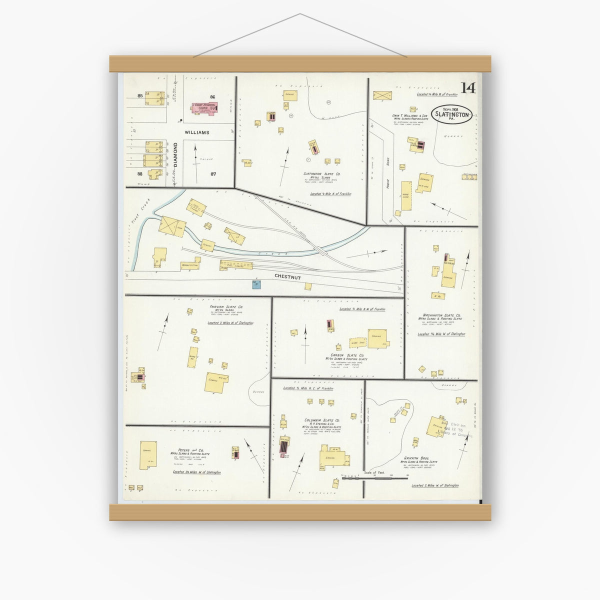 Old map wall art mockup — magnetic wood frame on white wall — Sanborn Fire Insurance Map from Slatington, Lehigh County, Pennsylvania (1908), Sheet #0014