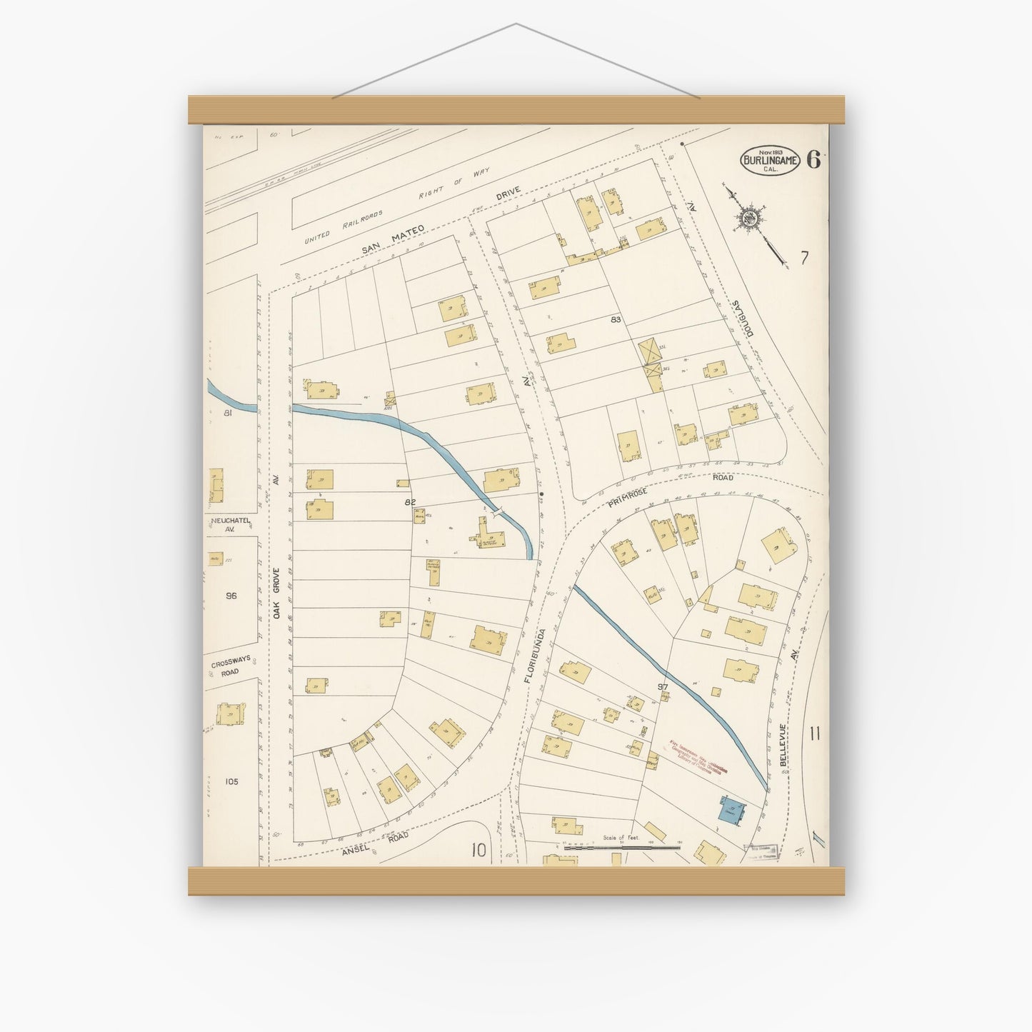 Old map wall art mockup — magnetic wood frame on white wall — Sanborn Fire Insurance Map from Burlingame, San Mateo County, California (1913), Sheet #0006