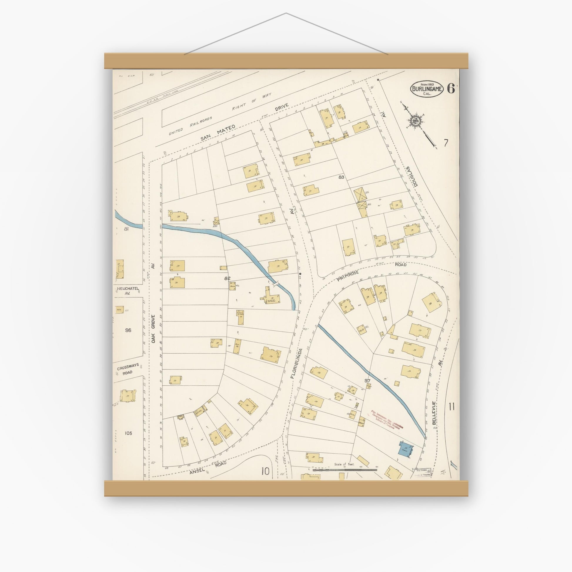 Old map wall art mockup — magnetic wood frame on white wall — Sanborn Fire Insurance Map from Burlingame, San Mateo County, California (1913), Sheet #0006