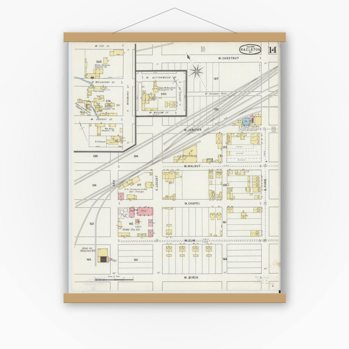 Old map wall art mockup — magnetic wood frame on white wall — Sanborn Fire Insurance Map from Hazleton, Luzerne County, Pennsylvania (1895), Sheet #0014