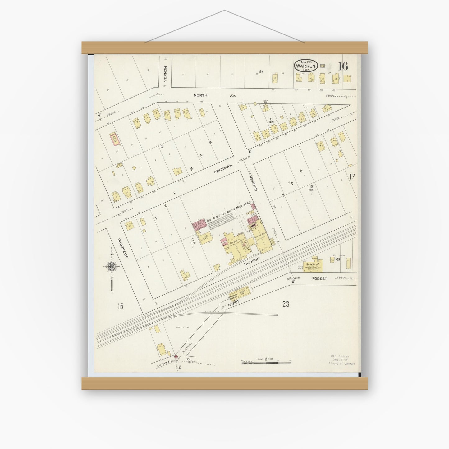 Old map wall art mockup — magnetic wood frame on white wall — Sanborn Fire Insurance Map from Warren, Trumbull County, Ohio (1915), Sheet #0016