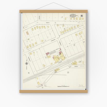 Old map wall art mockup — magnetic wood frame on white wall — Sanborn Fire Insurance Map from Warren, Trumbull County, Ohio (1915), Sheet #0016