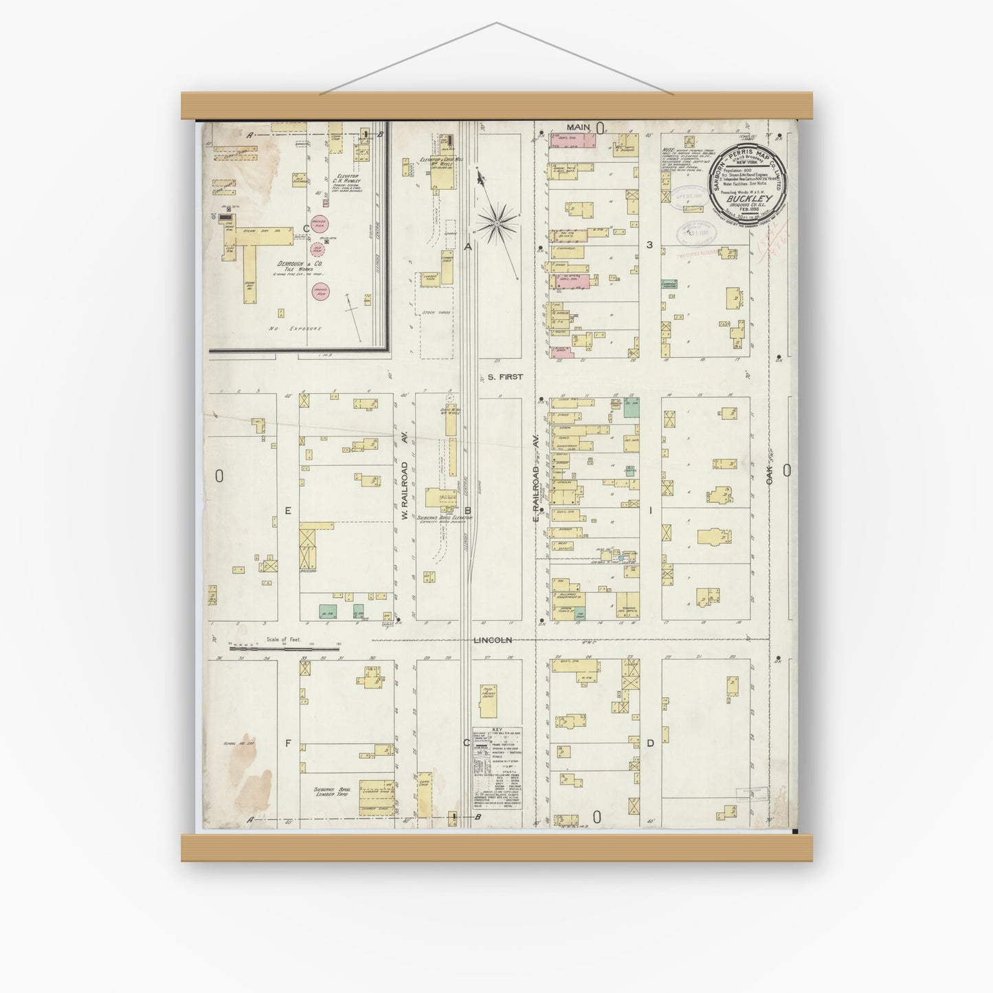 Old map wall art mockup — magnetic wood frame on white wall — Sanborn Fire Insurance Map from Buckley, Iroquois County, Illinois (1898), Sheet #0001