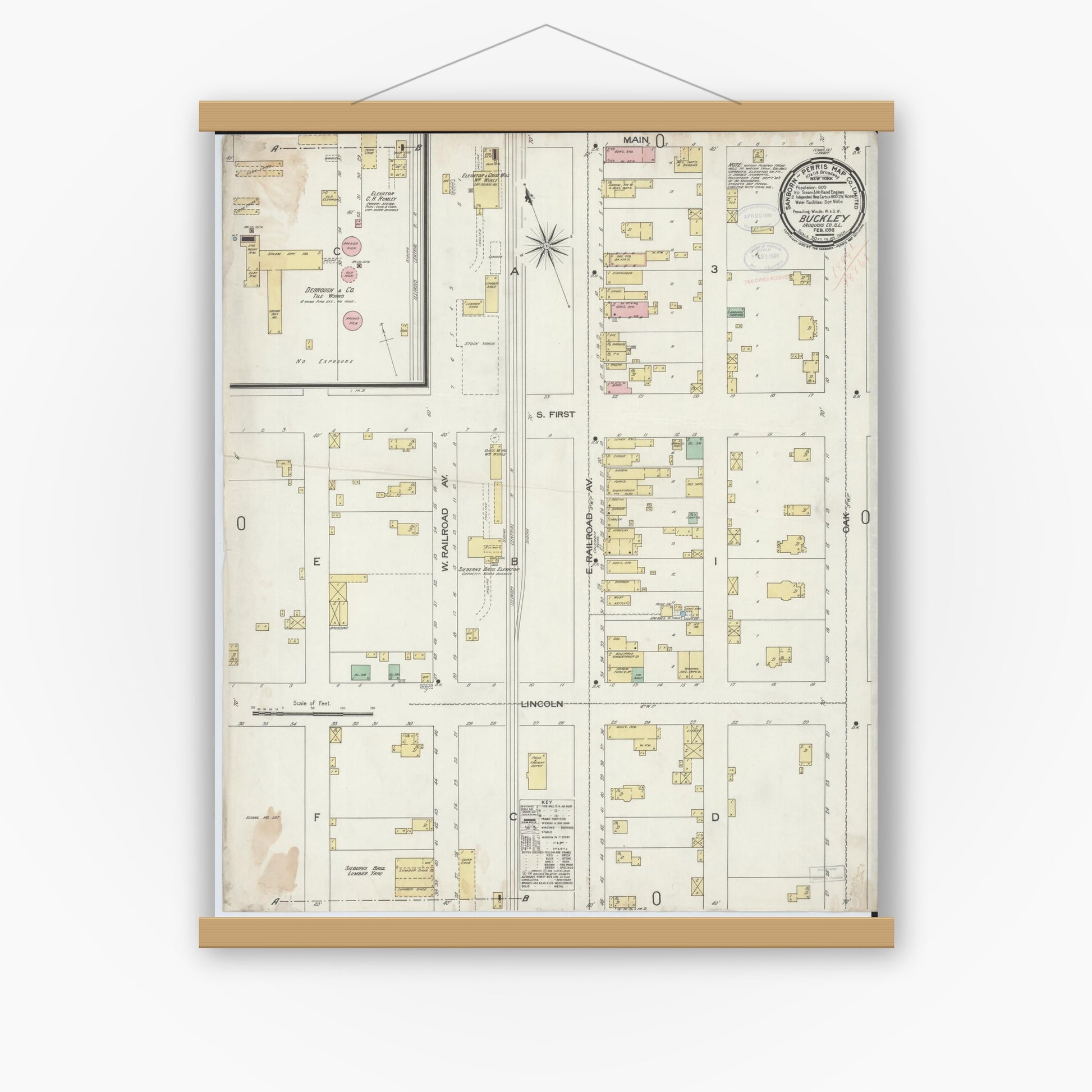 Old map wall art mockup — magnetic wood frame on white wall — Sanborn Fire Insurance Map from Buckley, Iroquois County, Illinois (1898), Sheet #0001