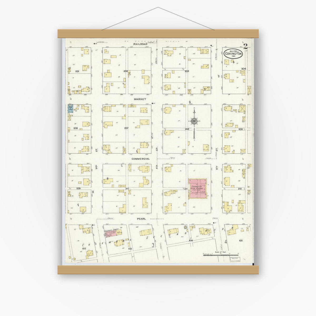 Old map wall art mockup — magnetic wood frame on white wall — Sanborn Fire Insurance Map from Covington, Fountain County, Indiana (1910), Sheet #0002