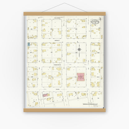 Old map wall art mockup — magnetic wood frame on white wall — Sanborn Fire Insurance Map from Covington, Fountain County, Indiana (1910), Sheet #0002