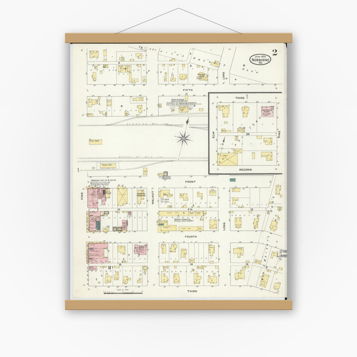 Old map wall art mockup — magnetic wood frame on white wall — Sanborn Fire Insurance Map from Norborne, Carroll County, Missouri (1909), Sheet #0002
