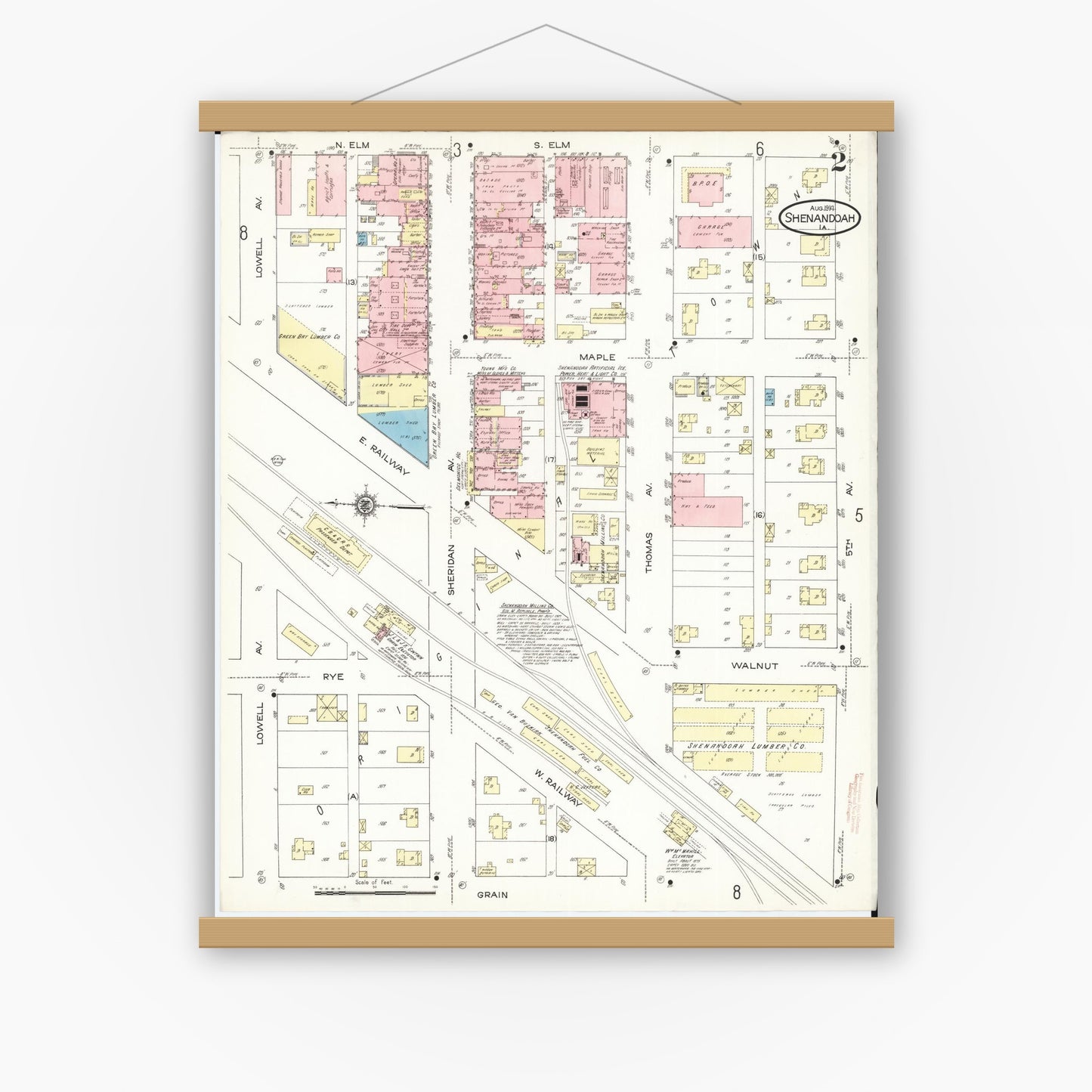 Old map wall art mockup — magnetic wood frame on white wall — Sanborn Fire Insurance Map from Shenandoah, Page County, Iowa (1914), Sheet #0002