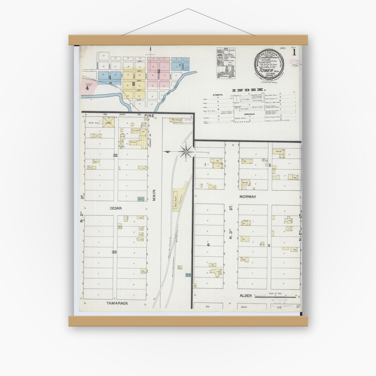 Old map wall art mockup — magnetic wood frame on white wall — Sanborn Fire Insurance Map from Tower, Saint Louis County, Minnesota (1888) - Complete Map Set