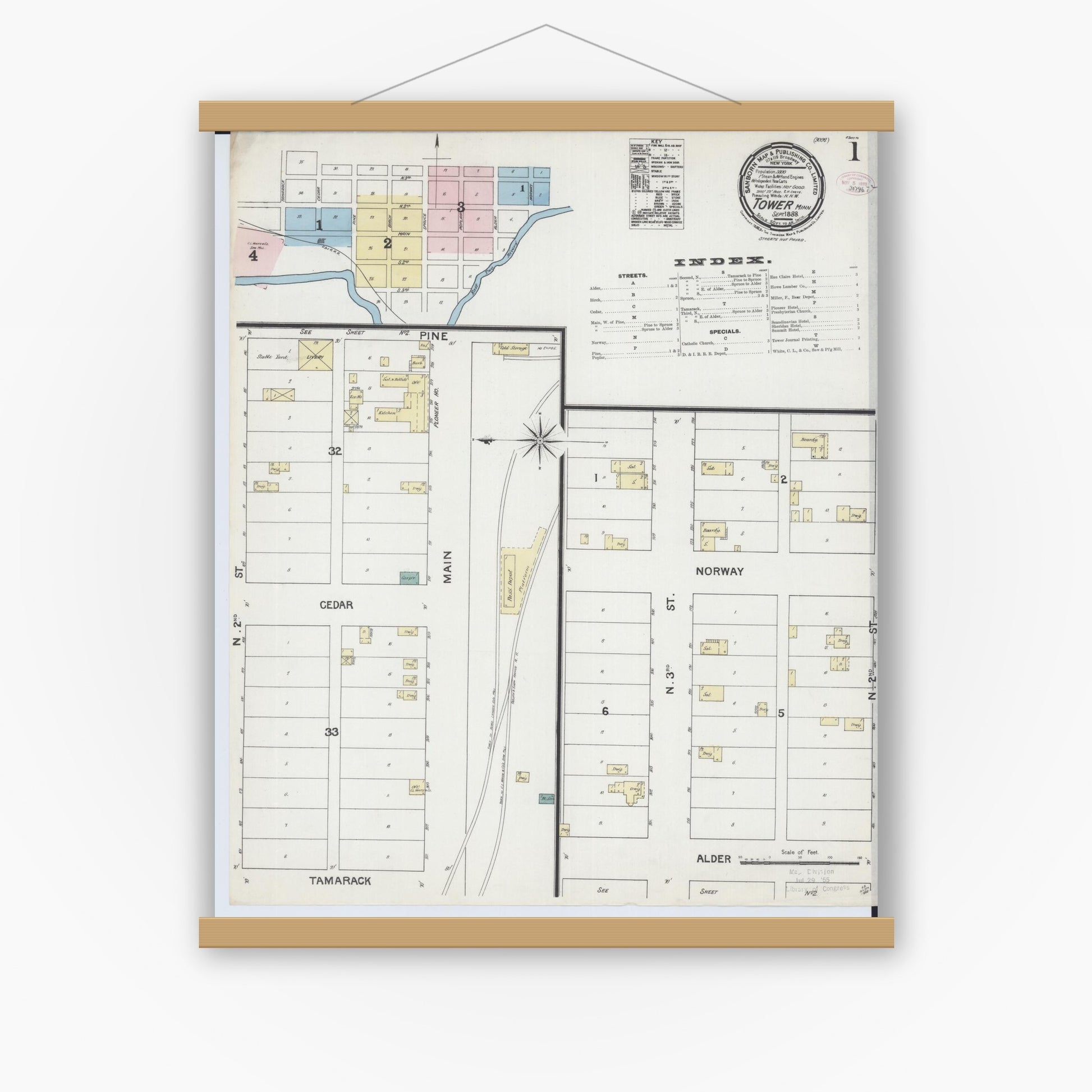 Old map wall art mockup — magnetic wood frame on white wall — Sanborn Fire Insurance Map from Tower, Saint Louis County, Minnesota (1888) - Complete Map Set
