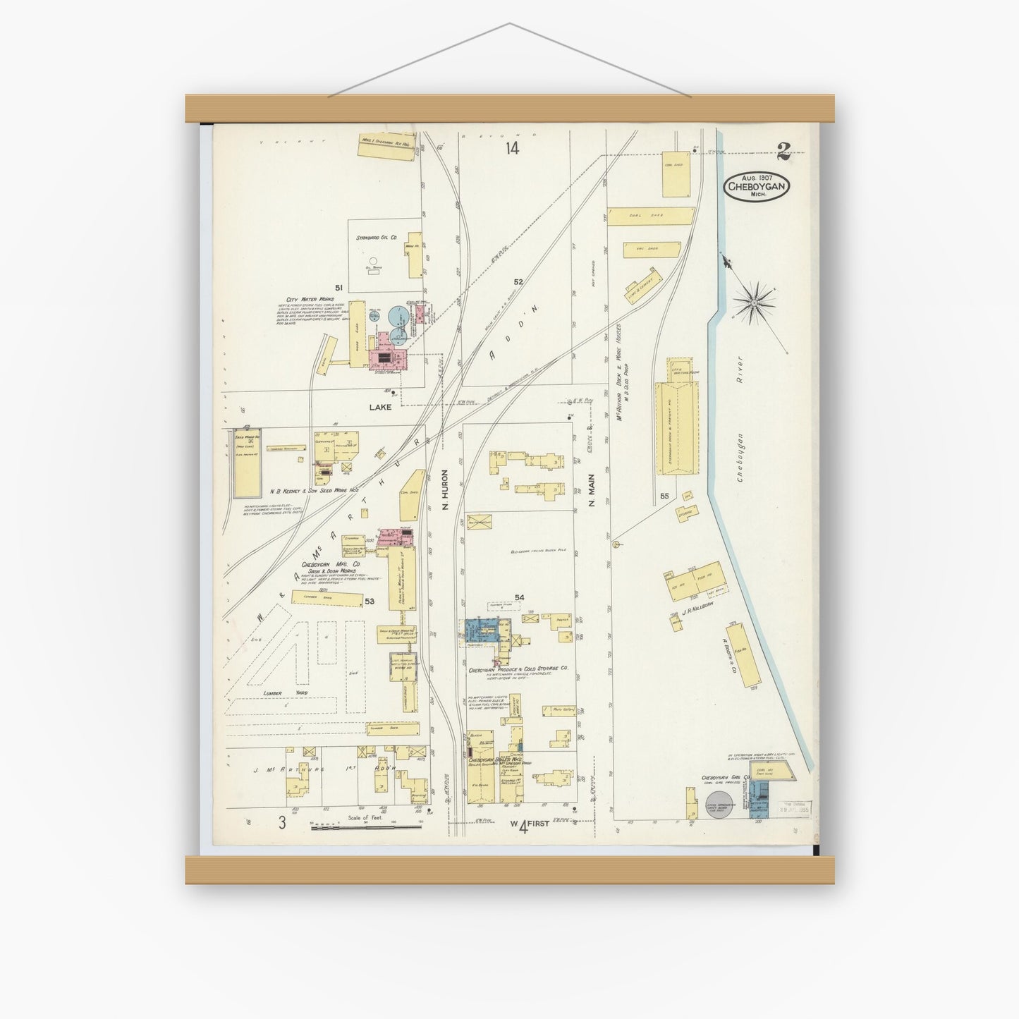 Old map wall art mockup — magnetic wood frame on white wall — Sanborn Fire Insurance Map from Cheboygan, Cheboygan County, Michigan (1907), Sheet #0002