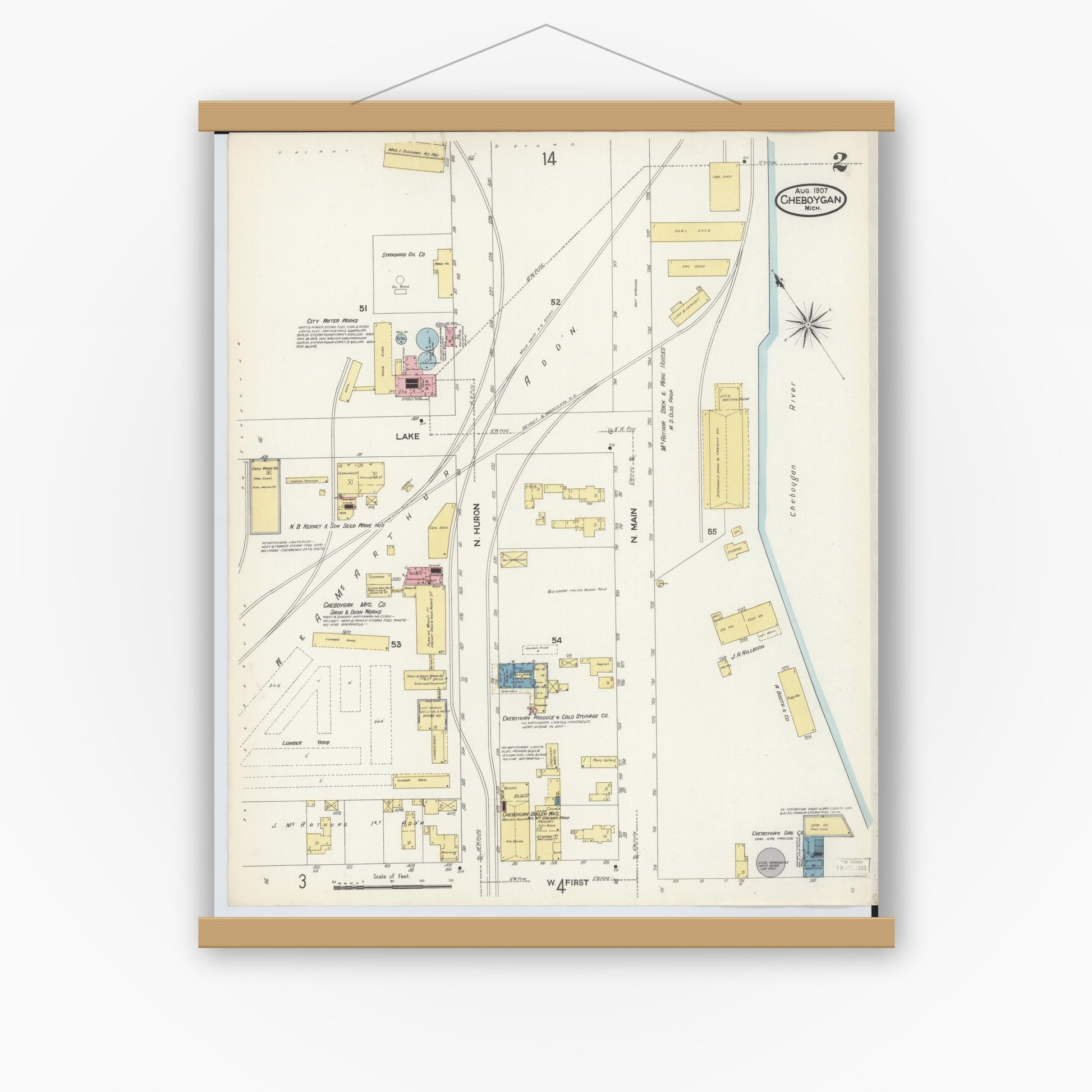 Old map wall art mockup — magnetic wood frame on white wall — Sanborn Fire Insurance Map from Cheboygan, Cheboygan County, Michigan (1907), Sheet #0002