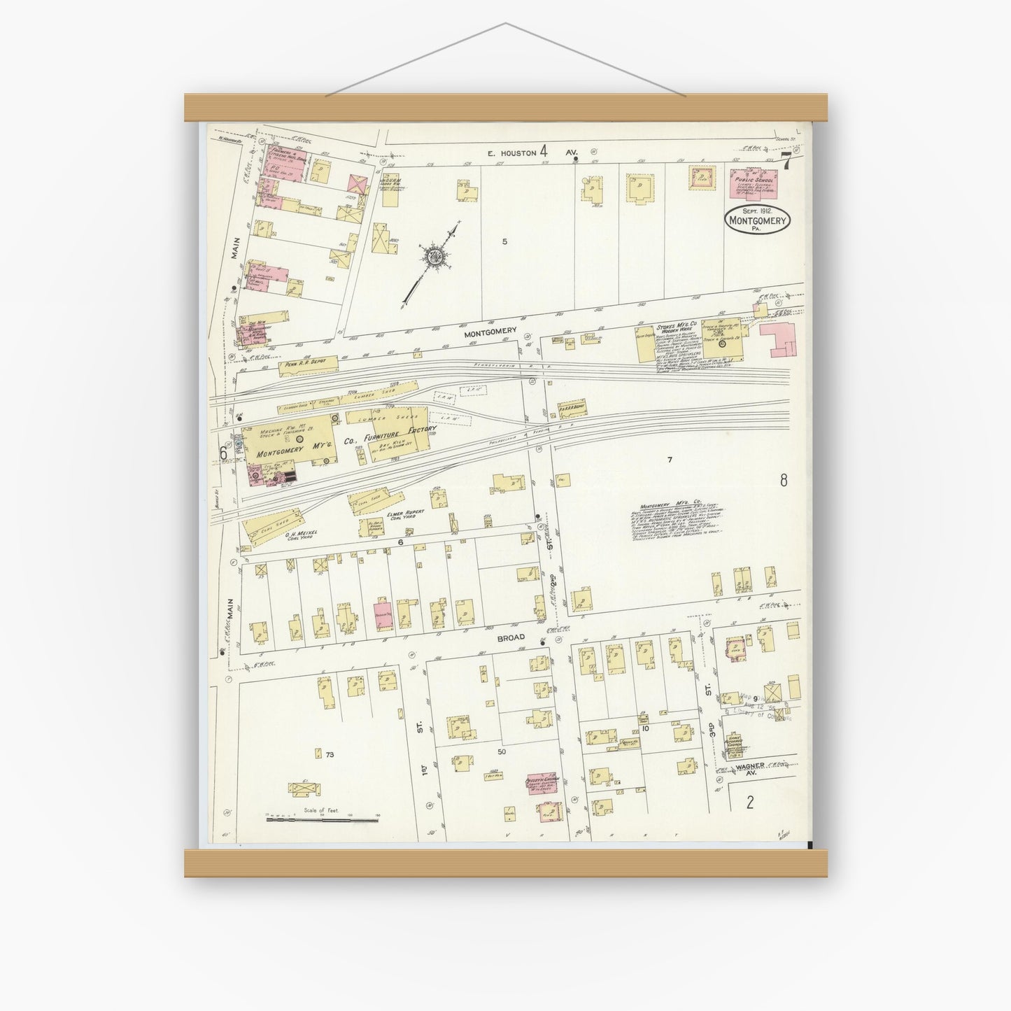 Old map wall art mockup — magnetic wood frame on white wall — Sanborn Fire Insurance Map from Montgomery, Lycoming County, Pennsylvania (1912), Sheet #0007