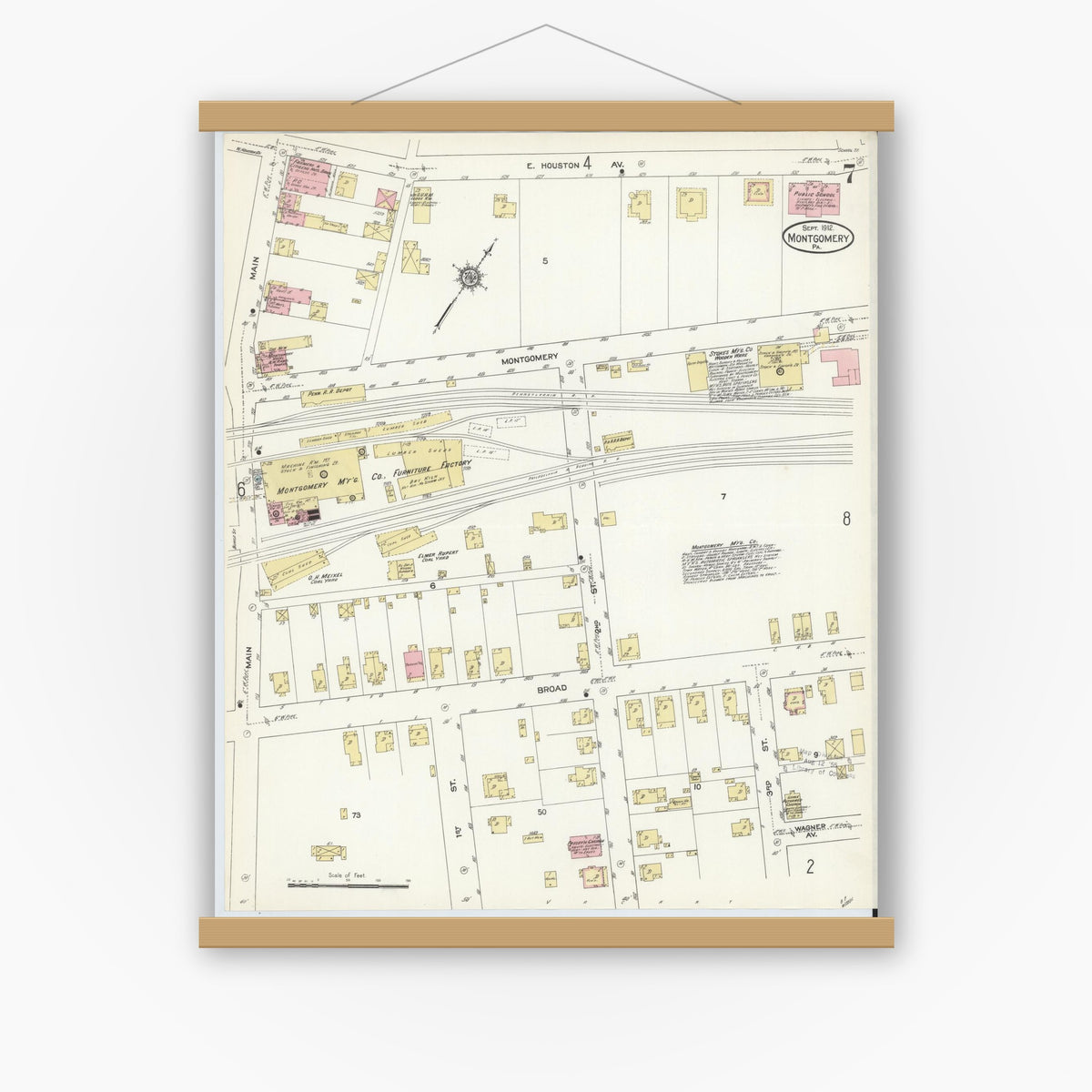 Old map wall art mockup — magnetic wood frame on white wall — Sanborn Fire Insurance Map from Montgomery, Lycoming County, Pennsylvania (1912), Sheet #0007