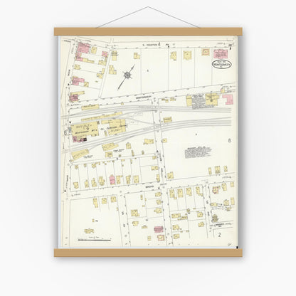 Old map wall art mockup — magnetic wood frame on white wall — Sanborn Fire Insurance Map from Montgomery, Lycoming County, Pennsylvania (1912), Sheet #0007