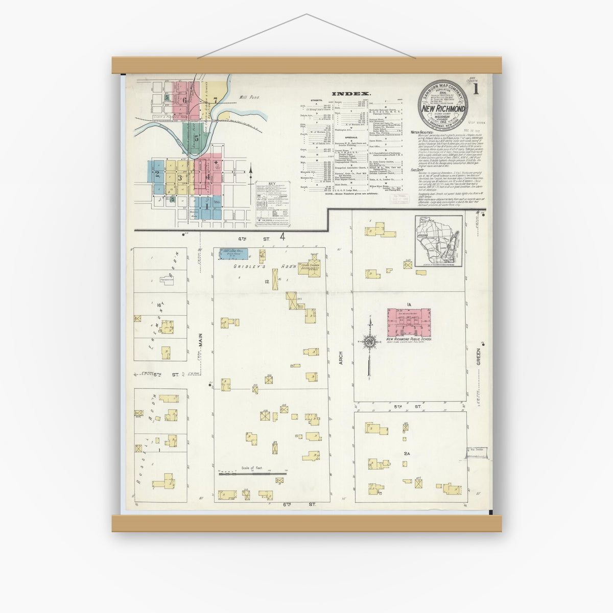 Old map wall art mockup — magnetic wood frame on white wall — Sanborn Fire Insurance Map from New Richmond, St. Croix County, Wisconsin (1912) - Complete Map Set