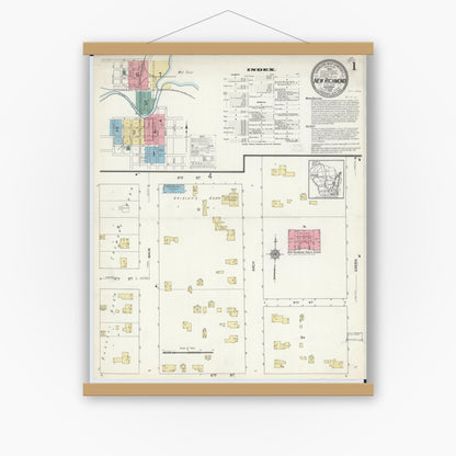 Old map wall art mockup — magnetic wood frame on white wall — Sanborn Fire Insurance Map from New Richmond, St. Croix County, Wisconsin (1912) - Complete Map Set
