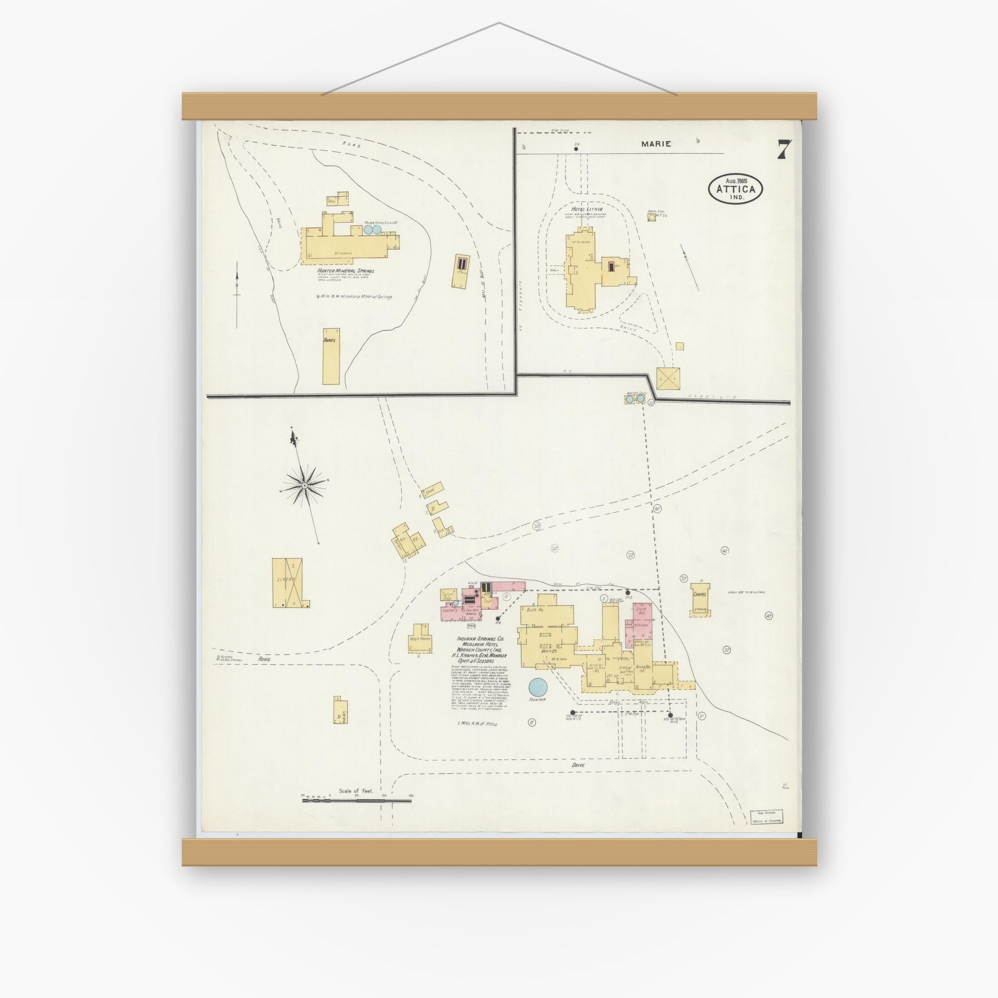 Old map wall art mockup — magnetic wood frame on white wall — Sanborn Fire Insurance Map from Attica, Fountain County, Indiana (1905), Sheet #0007