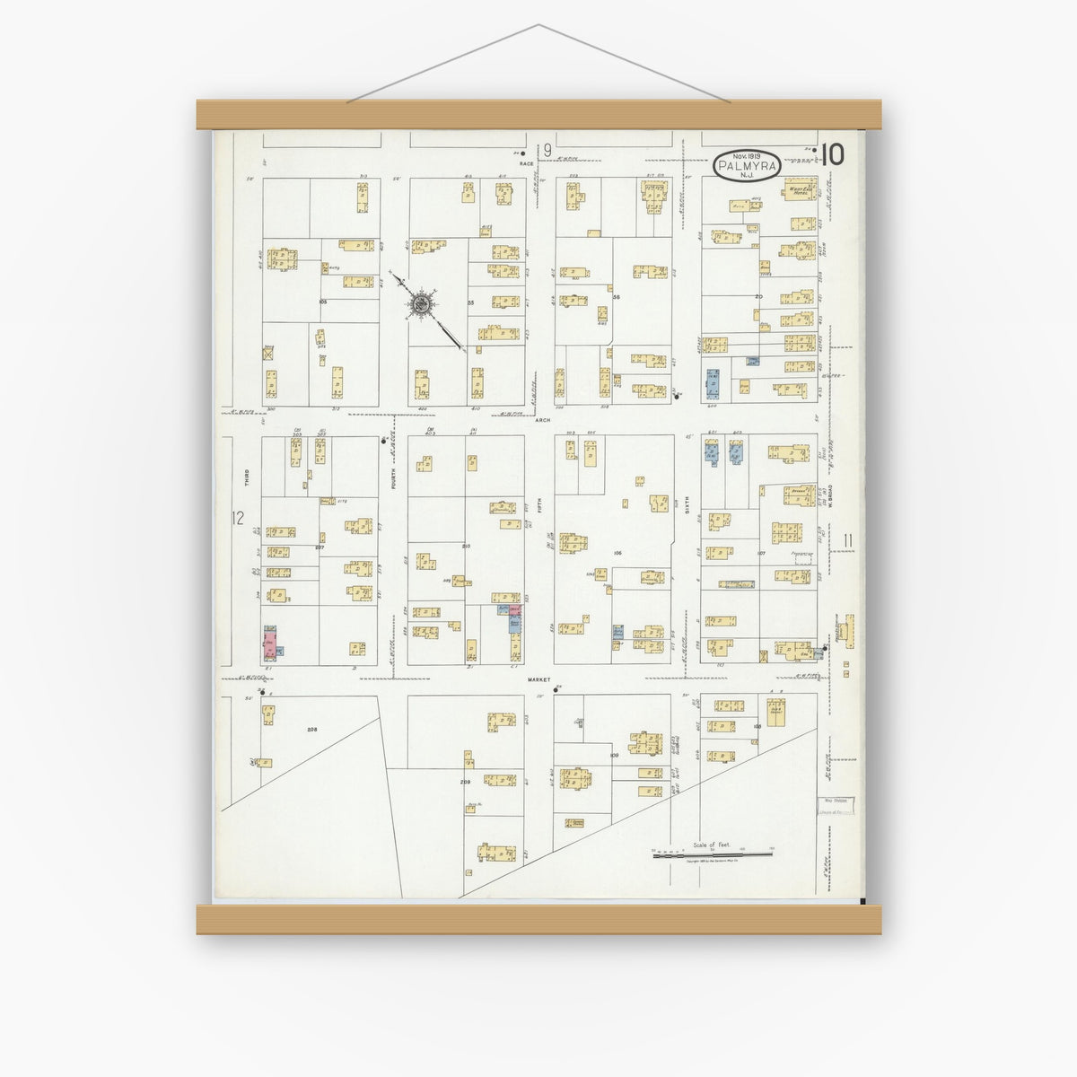 Old map wall art mockup — magnetic wood frame on white wall — Sanborn Fire Insurance Map from Palmyra, Burlington County, New Jersey (1919), Sheet #0010