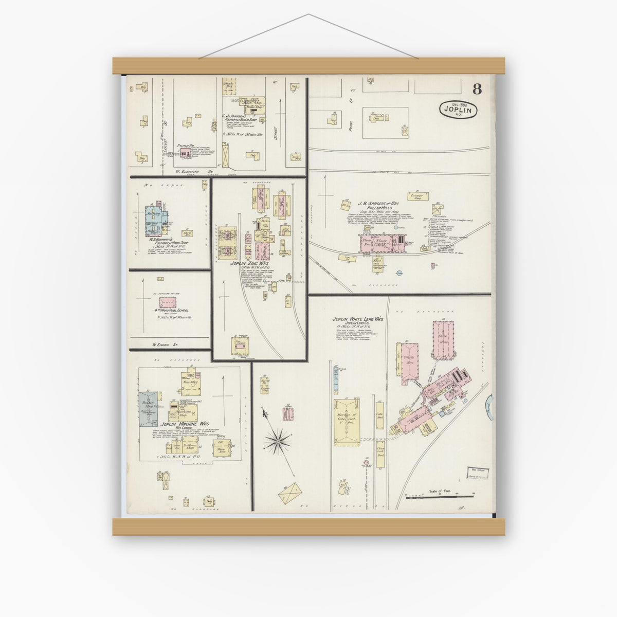 Old map wall art mockup — magnetic wood frame on white wall — Sanborn Fire Insurance Map from Joplin, Jasper County, Missouri (1888), Sheet #0008