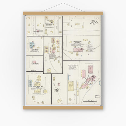 Old map wall art mockup — magnetic wood frame on white wall — Sanborn Fire Insurance Map from Joplin, Jasper County, Missouri (1888), Sheet #0008