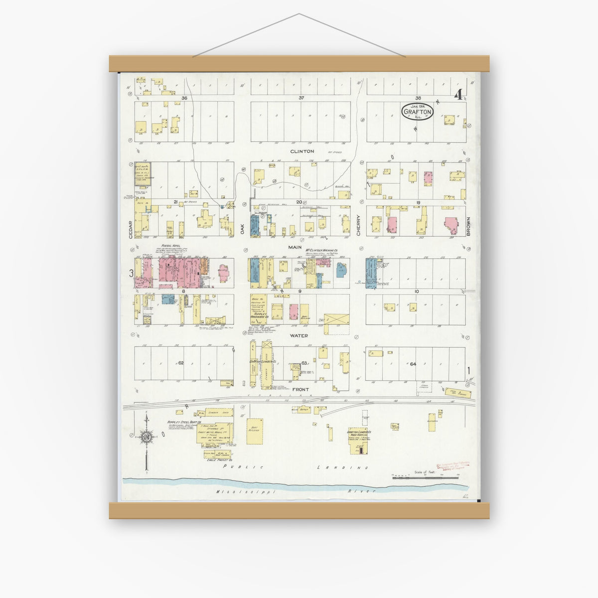 Old map wall art mockup — magnetic wood frame on white wall — Sanborn Fire Insurance Map from Grafton, Jersey County, Illinois (1914), Sheet #0004