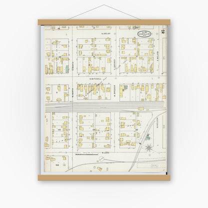 Old map wall art mockup — magnetic wood frame on white wall — Sanborn Fire Insurance Map from Cadillac, Wexford County, Michigan (1895), Sheet #0002