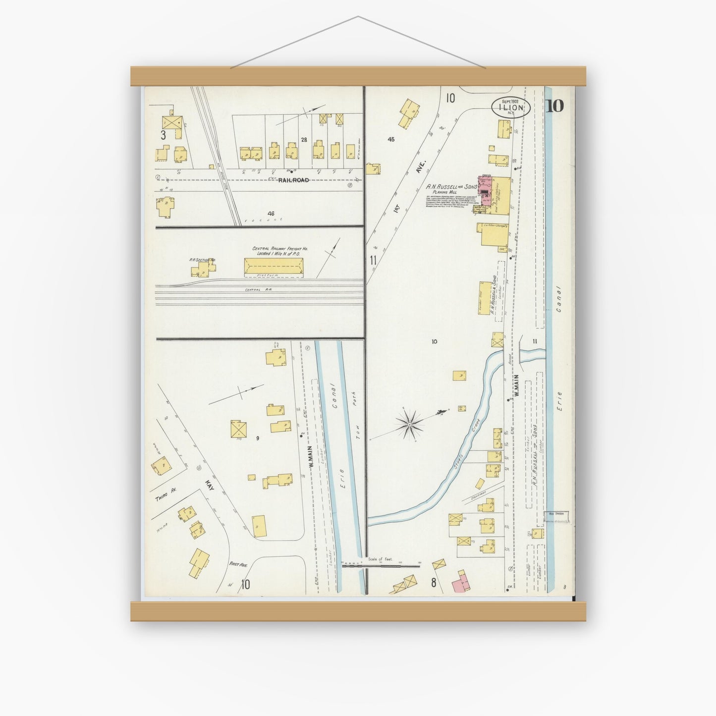 Old map wall art mockup — magnetic wood frame on white wall — Sanborn Fire Insurance Map from Ilion, Herkimer County, New York (1902), Sheet #0010