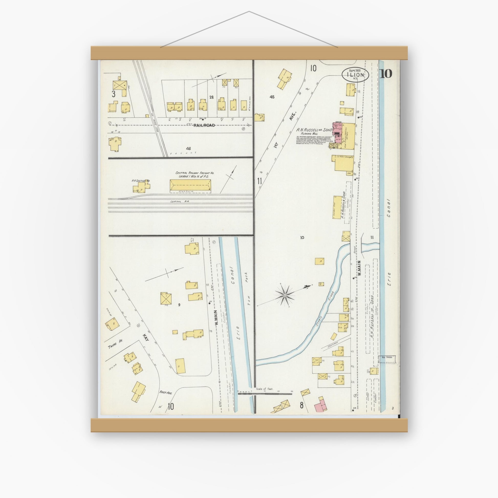 Old map wall art mockup — magnetic wood frame on white wall — Sanborn Fire Insurance Map from Ilion, Herkimer County, New York (1902), Sheet #0010