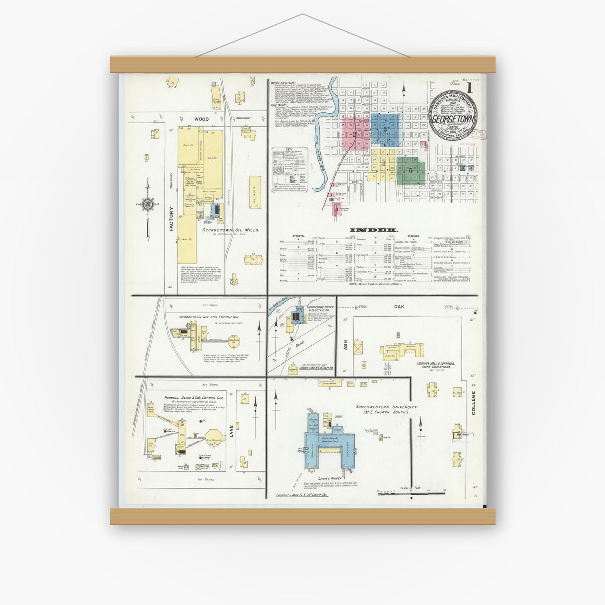 Old map wall art mockup — magnetic wood frame on white wall — Sanborn Fire Insurance Map from Georgetown, Williamson County, Texas (1910) - Complete Map Set